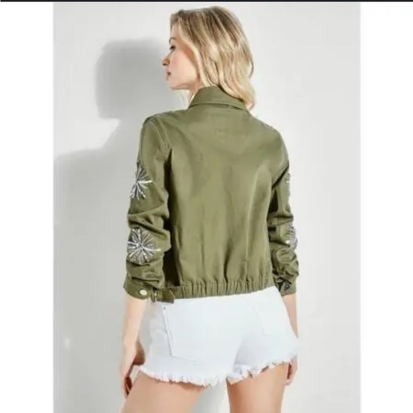 Guess Military Army Green Embellished Gemstone Bling‎ Moto Jacket Cropped Beaded - Picture 5 of 14